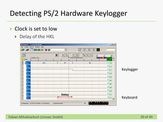 Detecting PS/2 Hardware Keylogger
   Clock is set to low
       Delay of the HKL




                                         Keylogger




                                 Delay
                                         Keyboard



Fabian Mihailowitsch (cirosec GmbH)                  20 of 49
 