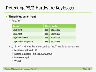 Detecting PS/2 Hardware Keylogger
   Time Measurement
       Results
        Setup                         Clock cycles
        Keyboard                      338 1 03523280
        KeyGhost                      338 5 62656160
        KeyKatcher Mini               338 6 25304965
        KeyKatcher Magnum             338 4 21058298

       „Inline“ HKL can be detected using Time Measurement
           Measure without HKL
           Define Baseline (e.g 338200000000)
           Measure again
           Win ;)


Fabian Mihailowitsch (cirosec GmbH)                           28 of 49
 