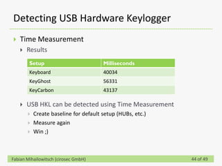 Detecting USB Hardware Keylogger
   Time Measurement
       Results
        Setup                           Milliseconds
        Keyboard                        40034
        KeyGhost                        56331
        KeyCarbon                       43137

       USB HKL can be detected using Time Measurement
           Create baseline for default setup (HUBs, etc.)
           Measure again
           Win ;)



Fabian Mihailowitsch (cirosec GmbH)                          44 of 49
 