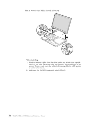 Table 30. Removal steps of LCD assembly (continued)
4
4
When installing:
1. Route the antenna cables along the cable guides and secure them with the
tapes. As you route the cables, make sure that they are not subjected to any
tension. Tension could cause the cables to be damaged by the cable guides,
or a wire to be broken.
2. Make sure that the LCD connector is attached firmly.
94 ThinkPad T500 and W500 Hardware Maintenance Manual
 