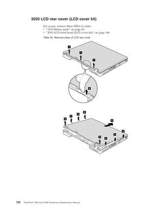 2020 LCD rear cover (LCD cover kit)
For access, remove these FRUs in order:
v “1010 Battery pack” on page 63
v “2010 LCD front bezel (LCD cover kit)” on page 106
Table 35. Removal steps of LCD rear cover
1
1
1
2
3
3
3
3
3
3
3
3
4
108 ThinkPad T500 and W500 Hardware Maintenance Manual
 