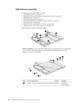 2060 Antenna assembly
For access, remove these FRUs in order:
v “1010 Battery pack” on page 63
v “1040 Palm rest or palm rest with fingerprint reader” on page 67
v “1060 Keyboard” on page 71
v “1120 Keyboard bezel” on page 81
v “1130 PCI Express Mini Card for wireless WAN” on page 83
v “1170 LCD unit” on page 92
v “2010 LCD front bezel (LCD cover kit)” on page 106
v “2020 LCD rear cover (LCD cover kit)” on page 108
Table 39. Removal steps of antenna assembly
1
1
11
1
1
1
When installing: As you route the cables, make sure that they are not subjected
to any tension. Tension could cause the cables to be damaged by the cable
guides, or a wire to be broken.
2
2
2
2
2
2
2
Step Screw (quantity) Color Torque
2 M2 × 3.5 mm, small-head, nylon-coated (7) Black 0.189 Nm
(1.85 kgfcm)
112 ThinkPad T500 and W500 Hardware Maintenance Manual
 