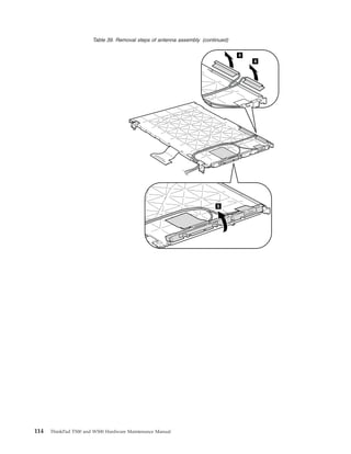 Table 39. Removal steps of antenna assembly (continued)
4
4
5
114 ThinkPad T500 and W500 Hardware Maintenance Manual
 