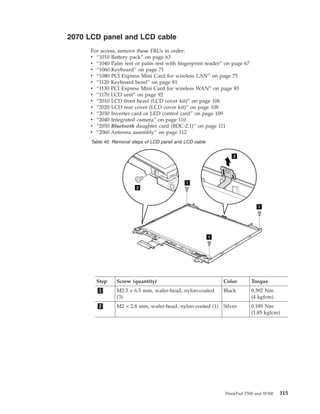 2070 LCD panel and LCD cable
For access, remove these FRUs in order:
v “1010 Battery pack” on page 63
v “1040 Palm rest or palm rest with fingerprint reader” on page 67
v “1060 Keyboard” on page 71
v “1080 PCI Express Mini Card for wireless LAN” on page 75
v “1120 Keyboard bezel” on page 81
v “1130 PCI Express Mini Card for wireless WAN” on page 83
v “1170 LCD unit” on page 92
v “2010 LCD front bezel (LCD cover kit)” on page 106
v “2020 LCD rear cover (LCD cover kit)” on page 108
v “2030 Inverter card or LED control card” on page 109
v “2040 Integrated camera” on page 110
v “2050 Bluetooth daughter card (BDC-2.1)” on page 111
v “2060 Antenna assembly” on page 112
Table 40. Removal steps of LCD panel and LCD cable
1
1
1
2
3
Step Screw (quantity) Color Torque
1 M2.5 × 6.5 mm, wafer-head, nylon-coated
(3)
Black 0.392 Nm
(4 kgfcm)
2 M2 × 2.8 mm, wafer-head, nylon-coated (1) Silver 0.189 Nm
(1.85 kgfcm)
ThinkPad T500 and W500 115
 