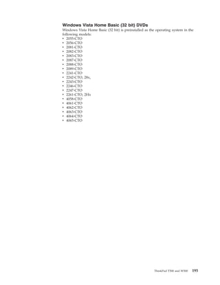 Windows Vista Home Basic (32 bit) DVDs
Windows Vista Home Basic (32 bit) is preinstalled as the operating system in the
following models:
v 2055-CTO
v 2056-CTO
v 2081-CTO
v 2082-CTO
v 2083-CTO
v 2087-CTO
v 2088-CTO
v 2089-CTO
v 2241-CTO
v 2242-CTO, 28x,
v 2243-CTO
v 2246-CTO
v 2247-CTO
v 2261-CTO, 2Hx
v 4058-CTO
v 4061-CTO
v 4062-CTO
v 4063-CTO
v 4064-CTO
v 4065-CTO
ThinkPad T500 and W500 195
 