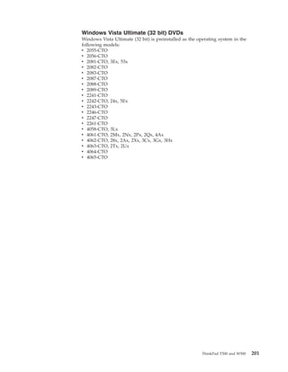 Windows Vista Ultimate (32 bit) DVDs
Windows Vista Ultimate (32 bit) is preinstalled as the operating system in the
following models:
v 2055-CTO
v 2056-CTO
v 2081-CTO, 3Ex, 53x
v 2082-CTO
v 2083-CTO
v 2087-CTO
v 2088-CTO
v 2089-CTO
v 2241-CTO
v 2242-CTO, 24x, 5Ex
v 2243-CTO
v 2246-CTO
v 2247-CTO
v 2261-CTO
v 4058-CTO, 3Lx
v 4061-CTO, 2Mx, 2Nx, 2Px, 2Qx, 4Ax
v 4062-CTO, 28x, 2Ax, 2Xx, 3Cx, 3Gx, 3Hx
v 4063-CTO, 2Tx, 2Ux
v 4064-CTO
v 4065-CTO
ThinkPad T500 and W500 201
 