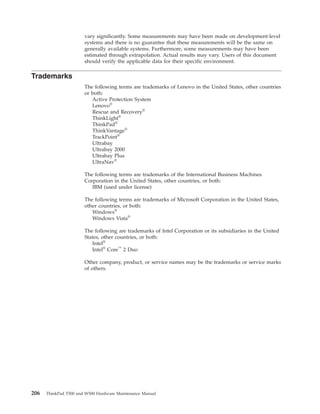 vary significantly. Some measurements may have been made on development-level
systems and there is no guarantee that these measurements will be the same on
generally available systems. Furthermore, some measurements may have been
estimated through extrapolation. Actual results may vary. Users of this document
should verify the applicable data for their specific environment.
Trademarks
The following terms are trademarks of Lenovo in the United States, other countries
or both:
Active Protection System
Lenovo®
Rescue and Recovery®
ThinkLight®
ThinkPad®
ThinkVantage®
TrackPoint®
Ultrabay
Ultrabay 2000
Ultrabay Plus
UltraNav®
The following terms are trademarks of the International Business Machines
Corporation in the United States, other countries, or both:
IBM (used under license)
The following terms are trademarks of Microsoft Corporation in the United States,
other countries, or both:
Windows®
Windows Vista®
The following are trademarks of Intel Corporation or its subsidiaries in the United
States, other countries, or both:
Intel®
Intel®
Core™
2 Duo
Other company, product, or service names may be the trademarks or service marks
of others.
206 ThinkPad T500 and W500 Hardware Maintenance Manual
 