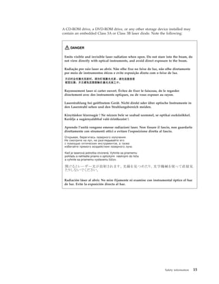 A CD-ROM drive, a DVD-ROM drive, or any other storage device installed may
contain an embedded Class 3A or Class 3B laser diode. Note the following:
DANGER
Emits visible and invisible laser radiation when open. Do not stare into the beam, do
not view directly with optical instruments, and avoid direct exposure to the beam.
Radiação por raio laser ao abrir. Não olhe fixo no feixe de luz, não olhe diretamente
por meio de instrumentos óticos e evite exposição direta com o feixe de luz.
Rayonnement laser si carter ouvert. Évitez de fixer le faisceau, de le regarder
directement avec des instruments optiques, ou de vous exposer au rayon.
Laserstrahlung bei geöffnetem Gerät. Nicht direkt oder über optische Instrumente in
den Laserstrahl sehen und den Strahlungsbereich meiden.
Kinyitáskor lézersugár ! Ne nézzen bele se szabad szemmel, se optikai eszközökkel.
Kerülje a sugárnyalábbal való érintkezést !.
Aprendo l’unità vengono emesse radiazioni laser. Non fissare il fascio, non guardarlo
direttamente con strumenti ottici e evitare l’esposizione diretta al fascio.
Radiación láser al abrir. No mire fijamente ni examine con instrumental óptico el haz
de luz. Evite la exposición directa al haz.
Safety information 15
 