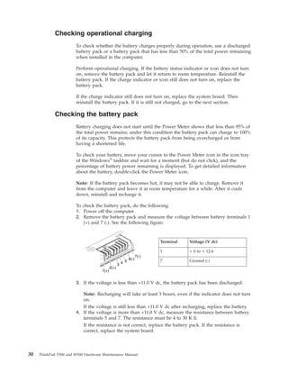 Checking operational charging
To check whether the battery charges properly during operation, use a discharged
battery pack or a battery pack that has less than 50% of the total power remaining
when installed in the computer.
Perform operational charging. If the battery status indicator or icon does not turn
on, remove the battery pack and let it return to room temperature. Reinstall the
battery pack. If the charge indicator or icon still does not turn on, replace the
battery pack.
If the charge indicator still does not turn on, replace the system board. Then
reinstall the battery pack. If it is still not charged, go to the next section.
Checking the battery pack
Battery charging does not start until the Power Meter shows that less than 95% of
the total power remains; under this condition the battery pack can charge to 100%
of its capacity. This protects the battery pack from being overcharged or from
having a shortened life.
To check your battery, move your cursor to the Power Meter icon in the icon tray
of the Windows®
taskbar and wait for a moment (but do not click), and the
percentage of battery power remaining is displayed. To get detailed information
about the battery, double-click the Power Meter icon.
Note: If the battery pack becomes hot, it may not be able to charge. Remove it
from the computer and leave it at room temperature for a while. After it cools
down, reinstall and recharge it.
To check the battery pack, do the following:
1. Power off the computer.
2. Remove the battery pack and measure the voltage between battery terminals 1
(+) and 7 (-). See the following figure:
1(+)
2(+)
3 4 5
6(-)
7(-)
Terminal Voltage (V dc)
1 + 0 to + 12.6
7 Ground (-)
3. If the voltage is less than +11.0 V dc, the battery pack has been discharged.
Note: Recharging will take at least 3 hours, even if the indicator does not turn
on.
If the voltage is still less than +11.0 V dc after recharging, replace the battery.
4. If the voltage is more than +11.0 V dc, measure the resistance between battery
terminals 5 and 7. The resistance must be 4 to 30 K .
If the resistance is not correct, replace the battery pack. If the resistance is
correct, replace the system board.
30 ThinkPad T500 and W500 Hardware Maintenance Manual
 
