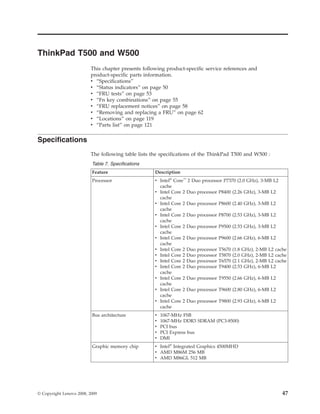 ThinkPad T500 and W500
This chapter presents following product-specific service references and
product-specific parts information.
v “Specifications”
v “Status indicators” on page 50
v “FRU tests” on page 53
v “Fn key combinations” on page 55
v “FRU replacement notices” on page 58
v “Removing and replacing a FRU” on page 62
v “Locations” on page 119
v “Parts list” on page 121
Specifications
The following table lists the specifications of the ThinkPad T500 and W500 :
Table 7. Specifications
Feature Description
Processor v Intel®
Core™
2 Duo processor P7370 (2.0 GHz), 3-MB L2
cache
v Intel Core 2 Duo processor P8400 (2.26 GHz), 3-MB L2
cache
v Intel Core 2 Duo processor P8600 (2.40 GHz), 3-MB L2
cache
v Intel Core 2 Duo processor P8700 (2.53 GHz), 3-MB L2
cache
v Intel Core 2 Duo processor P9500 (2.53 GHz), 3-MB L2
cache
v Intel Core 2 Duo processor P9600 (2.66 GHz), 6-MB L2
cache
v Intel Core 2 Duo processor T5670 (1.8 GHz), 2-MB L2 cache
v Intel Core 2 Duo processor T5870 (2.0 GHz), 2-MB L2 cache
v Intel Core 2 Duo processor T6570 (2.1 GHz), 2-MB L2 cache
v Intel Core 2 Duo processor T9400 (2.53 GHz), 6-MB L2
cache
v Intel Core 2 Duo processor T9550 (2.66 GHz), 6-MB L2
cache
v Intel Core 2 Duo processor T9600 (2.80 GHz), 6-MB L2
cache
v Intel Core 2 Duo processor T9800 (2.93 GHz), 6-MB L2
cache
Bus architecture v 1067-MHz FSB
v 1067-MHz DDR3 SDRAM (PC3-8500)
v PCI bus
v PCI Express bus
v DMI
Graphic memory chip v Intel®
Integrated Graphics 4500MHD
v AMD M86M 256 MB
v AMD M86GL 512 MB
© Copyright Lenovo 2008, 2009 47
 
