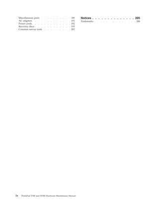 Miscellaneous parts . . . . . . . . . . 189
AC adapters. . . . . . . . . . . . . 191
Power cords . . . . . . . . . . . . . 192
Recovery discs . . . . . . . . . . . . 193
Common service tools . . . . . . . . . 203
Notices . . . . . . . . . . . . . . 205
Trademarks . . . . . . . . . . . . . . 206
iv ThinkPad T500 and W500 Hardware Maintenance Manual
 