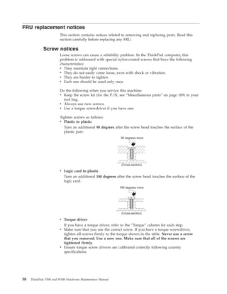 FRU replacement notices
This section contains notices related to removing and replacing parts. Read this
section carefully before replacing any FRU.
Screw notices
Loose screws can cause a reliability problem. In the ThinkPad computer, this
problem is addressed with special nylon-coated screws that have the following
characteristics:
v They maintain tight connections.
v They do not easily come loose, even with shock or vibration.
v They are harder to tighten.
v Each one should be used only once.
Do the following when you service this machine:
v Keep the screw kit (for the P/N, see “Miscellaneous parts” on page 189) in your
tool bag.
v Always use new screws.
v Use a torque screwdriver if you have one.
Tighten screws as follows:
v Plastic to plastic
Turn an additional 90 degrees after the screw head touches the surface of the
plastic part:
90 degrees more
(Cross-section)
v Logic card to plastic
Turn an additional 180 degrees after the screw head touches the surface of the
logic card:
180 degrees more
(Cross-section)
v Torque driver
If you have a torque driver, refer to the “Torque” column for each step.
v Make sure that you use the correct screw. If you have a torque screwdriver,
tighten all screws firmly to the torque shown in the table. Never use a screw
that you removed. Use a new one. Make sure that all of the screws are
tightened firmly.
v Ensure torque screw drivers are calibrated correctly following country
specifications.
58 ThinkPad T500 and W500 Hardware Maintenance Manual
 