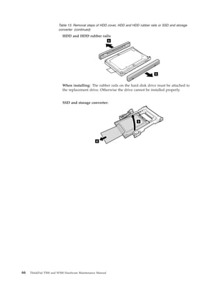 Table 13. Removal steps of HDD cover, HDD and HDD rubber rails or SSD and storage
converter (continued)
HDD and HDD rubber rails:
5
5
When installing: The rubber rails on the hard disk drive must be attached to
the replacement drive. Otherwise the drive cannot be installed properly.
SSD and storage converter:
5
6
66 ThinkPad T500 and W500 Hardware Maintenance Manual
 