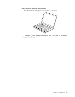 Table 15. Installation of the palm rest (continued)
3. Push the front side of the palm rest until it clicks into place.
4. Close the LCD cover and turn the computer over. Then fasten the four screws
to secure the palm rest.
ThinkPad T500 and W500 69
 