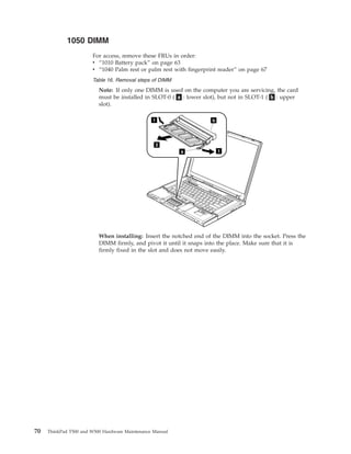 1050 DIMM
For access, remove these FRUs in order:
v “1010 Battery pack” on page 63
v “1040 Palm rest or palm rest with fingerprint reader” on page 67
Table 16. Removal steps of DIMM
Note: If only one DIMM is used on the computer you are servicing, the card
must be installed in SLOT-0 ( a : lower slot), but not in SLOT-1 ( b : upper
slot).
2
1
a 1
b
When installing: Insert the notched end of the DIMM into the socket. Press the
DIMM firmly, and pivot it until it snaps into the place. Make sure that it is
firmly fixed in the slot and does not move easily.
70 ThinkPad T500 and W500 Hardware Maintenance Manual
 