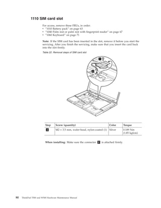 1110 SIM card slot
For access, remove these FRUs, in order:
v “1010 Battery pack” on page 63
v “1040 Palm rest or palm rest with fingerprint reader” on page 67
v “1060 Keyboard” on page 71
Note: If the SIM card has been inserted in the slot, remove it before you start the
servicing. After you finish the servicing, make sure that you insert the card back
into the slot firmly.
Table 22. Removal steps of SIM card slot
1
2
Step Screw (quantity) Color Torque
1 M2 × 3.5 mm, wafer-head, nylon-coated (1) Silver 0.189 Nm
(1.85 kgfcm)
When installing: Make sure the connector 2 is attached firmly.
80 ThinkPad T500 and W500 Hardware Maintenance Manual
 