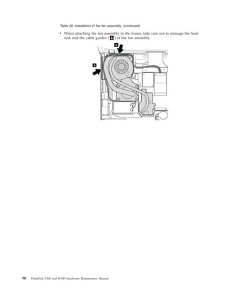 Table 28. Installation of the fan assembly (continued)
v When attaching the fan assembly to the frame, take care not to damage the heat
sink and the cable guides ( b ) of the fan assembly.
b
b
90 ThinkPad T500 and W500 Hardware Maintenance Manual
 