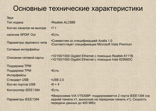Основные технические характеристики
Звук
Тип кодека •Realtek ALC888
Кол-во каналов на выходе •7.1
наличие SPDIF Out •Есть
Параметры звукового чипа
•Совместим со спецификацией Azalia 1.0
•Соответствует спецификации Microsoft Vista Premium
Сетевые интерфейсы
Описание сетевой карты
•10/100/1000 Gigabit Ethernet с помощью Realtek 8111B
•10/100/1000 Gigabit Ethernet с помощью Intel 82566DC
Поддержка TPM
Поддержка TPM •Есть
Интерфейсы
Стандарт USB •USB 2.0
Кол-во портов USB •8 + 4
Контроллер IEEE1394 •Есть
Параметры IEEE1394
•Микросхема VIA VT6308P: поддерживается 2 порта IEEE1394 (на
задней панели х1, выносной на переднюю панель х1), Скорость
передачи данных до 400 Мб/с
 