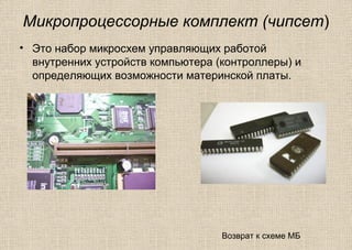 Микропроцессорные комплект (чипсет)
• Это набор микросхем управляющих работой
внутренних устройств компьютера (контроллеры) и
определяющих возможности материнской платы.
Возврат к схеме МБ
 