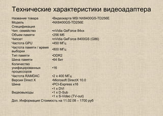 Технические характеристики видеоадаптера
Название товара •Видеокарта MSI NX8400GS-TD256E
Модель •NX8400GS-TD256E
Спецификация
Чип: семейство •nVidia GeForce 84xx
Объем памяти •256 Мб
Чипсет •nVidia GeForce 8400GS (G86)
Частота GPU •450 МГц
Частота памяти / время
выборки
•800 МГц
Тип памяти •DDR2
Шина памяти •64 бит
Количество
унифицированных
процессоров
•16
Частота RAMDAC •2 x 400 МГц
Версия Direct X •Microsoft DirectX 10.0
Шина •PCI-Express x16
Видеовыходы
•1 х DVI
•1 x D-Sub
•1 х S-Video (TV-out)
Доп. Информация Стоимость на 11.02.08 – 1700 руб
 