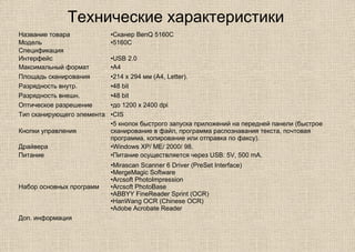 Технические характеристики
Название товара •Cканер BenQ 5160C
Модель •5160C
Спецификация
Интерфейс •USB 2.0
Максимальный формат •A4
Площадь сканирования •214 х 294 мм (А4, Letter).
Разрядность внутр. •48 bit
Разрядность внешн. •48 bit
Оптическое разрешение •до 1200 x 2400 dpi
Тип сканирующего элемента •CIS
Кнопки управления
•5 кнопок быстрого запуска приложений на передней панели (быстрое
сканирование в файл, программа распознавания текста, почтовая
программа, копирование или отправка по факсу).
Драйвера •Windows XP/ ME/ 2000/ 98.
Питание •Питание осуществляется через USB: 5V, 500 mA.
Набор основных программ
•Mirascan Scanner 6 Driver (PreSet Interface)
•MergeMagic Software
•Arcsoft PhotoImpression
•Arcsoft PhotoBase
•ABBYY FineReader Sprint (OCR)
•HanWang OCR (Chinese OCR)
•Adobe Acrobate Reader
Доп. информация
 