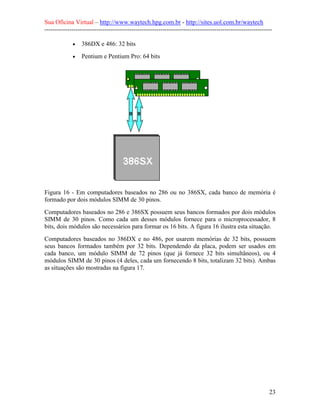 Sua Oficina Virtual – http://www.waytech.hpg.com.br - http://sites.uol.com.br/waytech
--------------------------------------------------------------------------------------------------------------

             •   386DX e 486: 32 bits
             •   Pentium e Pentium Pro: 64 bits




Figura 16 - Em computadores baseados no 286 ou no 386SX, cada banco de memória é
formado por dois módulos SIMM de 30 pinos.
Computadores baseados no 286 e 386SX possuem seus bancos formados por dois módulos
SIMM de 30 pinos. Como cada um desses módulos fornece para o microprocessador, 8
bits, dois módulos são necessários para formar os 16 bits. A figura 16 ilustra esta situação.
Computadores baseados no 386DX e no 486, por usarem memórias de 32 bits, possuem
seus bancos formados também por 32 bits. Dependendo da placa, podem ser usados em
cada banco, um módulo SIMM de 72 pinos (que já fornece 32 bits simultâneos), ou 4
módulos SIMM de 30 pinos (4 deles, cada um fornecendo 8 bits, totalizam 32 bits). Ambas
as situações são mostradas na figura 17.




                                                                                                            23
 