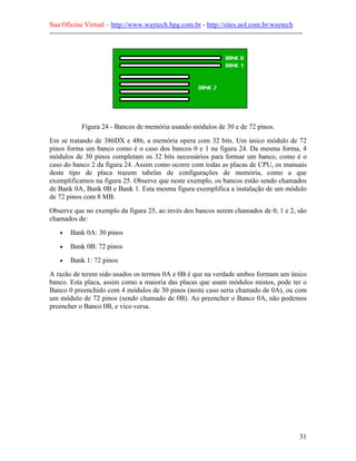 Sua Oficina Virtual – http://www.waytech.hpg.com.br - http://sites.uol.com.br/waytech
--------------------------------------------------------------------------------------------------------------




             Figura 24 - Bancos de memória usando módulos de 30 e de 72 pinos.
Em se tratando de 386DX e 486, a memória opera com 32 bits. Um único módulo de 72
pinos forma um banco como é o caso dos bancos 0 e 1 na figura 24. Da mesma forma, 4
módulos de 30 pinos completam os 32 bits necessários para formar um banco, como é o
caso do banco 2 da figura 24. Assim como ocorre com todas as placas de CPU, os manuais
deste tipo de placa trazem tabelas de configurações de memória, como a que
exemplificamos na figura 25. Observe que neste exemplo, os bancos estão sendo chamados
de Bank 0A, Bank 0B e Bank 1. Esta mesma figura exemplifica a instalação de um módulo
de 72 pinos com 8 MB.
Observe que no exemplo da figura 25, ao invés dos bancos serem chamados de 0, 1 e 2, são
chamados de:
    •    Bank 0A: 30 pinos
    •    Bank 0B: 72 pinos
    •    Bank 1: 72 pinos
A razão de terem sido usados os termos 0A e 0B é que na verdade ambos formam um único
banco. Esta placa, assim como a maioria das placas que usam módulos mistos, pode ter o
Banco 0 preenchido com 4 módulos de 30 pinos (neste caso seria chamado de 0A), ou com
um módulo de 72 pinos (sendo chamado de 0B). Ao preencher o Banco 0A, não podemos
preencher o Banco 0B, e vice-versa.




                                                                                                            31
 