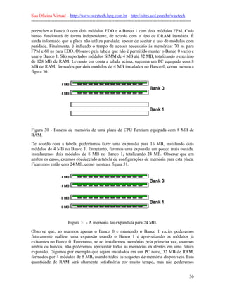 Sua Oficina Virtual – http://www.waytech.hpg.com.br - http://sites.uol.com.br/waytech
--------------------------------------------------------------------------------------------------------------

preencher o Banco 0 com dois módulos EDO e o Banco 1 com dois módulos FPM. Cada
banco funcionará de forma independente, de acordo com o tipo de DRAM instalada. É
ainda informado que a placa não utiliza paridade, apesar de aceitar o uso de módulos com
paridade. Finalmente, é indicado o tempo de acesso necessário às memórias: 70 ns para
FPM e 60 ns para EDO. Observe pela tabela que não é permitido manter o Banco 0 vazio e
usar o Banco 1. São suportados módulos SIMM de 4 MB até 32 MB, totalizando o máximo
de 128 MB de RAM. Levando em conta a tabela acima, suponha um PC equipado com 8
MB de RAM, formados por dois módulos de 4 MB instalados no Banco 0, como mostra a
figura 30.




Figura 30 - Bancos de memória de uma placa de CPU Pentium equipada com 8 MB de
RAM.
De acordo com a tabela, poderíamos fazer uma expansão para 16 MB, instalando dois
módulos de 4 MB no Banco 1. Entretanto, faremos uma expansão um pouco mais ousada.
Instalaremos dois módulos de 8 MB no Banco 1, totalizando 24 MB. Observe que em
ambos os casos, estamos obedecendo a tabela de configurações de memória para esta placa.
Ficaremos então com 24 MB, como mostra a figura 31.




                         Figura 31 - A memória foi expandida para 24 MB.
Observe que, ao usarmos apenas o Banco 0 e mantendo o Banco 1 vazio, poderemos
futuramente realizar uma expansão usando o Banco 1 e aproveitando os módulos já
existentes no Banco 0. Entretanto, se ao instalarmos memórias pela primeira vez, usarmos
ambos os bancos, não poderemos aproveitar todas as memórias existentes em uma futura
expansão. Digamos por exemplo que sejam instalados em um PC novo, 32 MB de RAM,
formados por 4 módulos de 8 MB, usando todos os soquetes de memória disponíveis. Esta
quantidade de RAM será altamente satisfatória por muito tempo, mas não poderemos


                                                                                                            36
 