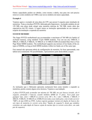 Sua Oficina Virtual – http://www.waytech.hpg.com.br - http://sites.uol.com.br/waytech
--------------------------------------------------------------------------------------------------------------

Outras capacidades podem ser obtidas, como mostra a tabela, mas para isto será preciso
remover os dois módulos de 8 MB e usar novos módulos de maior capacidade.

Exemplo 4
Vejamos agora o exemplo de uma placa de CPU que possui 6 soquetes para instalação de
memórias. Trata-se da placa P55T2S, fabricada pela Supermicro. Aceitando módulos de até
128 MB, esta placa pode atingir uma memória máxima de 768 MB, muito além das
espectativas dos PCs atuais. A seguir temos as instruções apresentadas no seu manual a
respeito da instalação e expansão de memória:

SYSTEM MEMORY
The Super P55T2S motherboard can accommodate a maximum of 768 MB (six banks) of
on-board memory, using standard 72-pin SIMM modules. You can use any 1MBx36, 2
MBx36, 4 MBx36, 8 MBx36, 16 MBx36 or 32 MBx36 EDO (Extended Data Out) or Fast
Page Mode SIMM modules. The motherboard supports any mixture of two banks of the six
types of SIMMs, as long as both SIMM modules within two banks are of the same type.
Este manual não apresenta tabela de configurações de memória. Se fosse apresentada, esta
tabela teria exatamente 342 possibilidades. Apresentamos parte desta tabela a seguir.




As instruções que o fabricante apresenta esclarecem bem como instalar e expandir as
memórias, porém comete alguns erros técnicos. Vejamos a sua tradução:
A placa P55T2S pode acomodar um máximo de 768 MB, em seis bancos (errado, são 6
soquetes, formando 3 bancos), usando módulos SIMM de 72 pinos. Você pode usar
qualquer tipo, entre 1 MBx36 (o correto seria 1M x 36, e não 1 MBx36), 2 MBx36, 4
MBx36, 8 MBx36, 16 MBx36 ou 32MBx36 (em todas essas indicações, está errado escrever
"MB"), do tipo EDO ou FPM. A placa suporta qualquer mistura de duplas de bancos dos
seis tipos de memória (o correto seria dizer "duplas de soquetes"), desde que módulos
existentes em cada dupla de bancos sejam do mesmo tipo (o correto seria dizer, em cada
par de soquetes).


                                                                                                            40
 