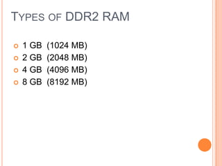 TYPES OF DDR2 RAM





1 GB
2 GB
4 GB
8 GB

(1024 MB)
(2048 MB)
(4096 MB)
(8192 MB)

 