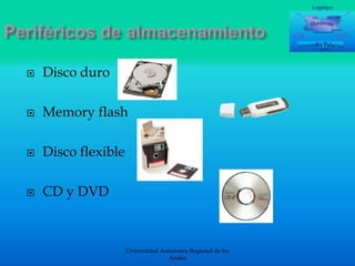 

Disco duro



Memory flash



Disco flexible



CD y DVD

Uviversidad Autonoma Regional de los
Andes

 
