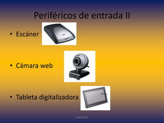 Periféricos de entrada II
• Escáner

• Cámara web

• Tableta digitalizadora
UNIANDES

 