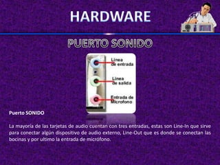 Puerto SONIDO

La mayoría de las tarjetas de audio cuentan con tres entradas, estas son Line-In que sirve
para conectar algún dispositivo de audio externo, Line-Out que es donde se conectan las
bocinas y por ultimo la entrada de micrófono.
 
