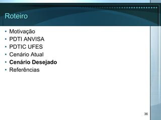 Roteiro Motivação PDTI ANVISA  PDTIC UFES Cenário Atual Cenário Desejado Referências 