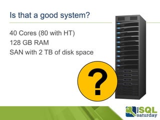 Is that a good system?
40 Cores (80 with HT)
128 GB RAM
SAN with 2 TB of disk space

?

 