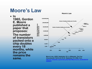 Moore’s Law
 In
 1965, Gordon
 E. Moore
 published a
 paper that
 proposes:
 The number
 of transistors
 packed onto a
 chip doubles
 every 18
 months, while
 the price
 remains the      Moore's law. (2008, September 22). In Wikipedia, The Free
 same.            Encyclopedia. Retrieved 00:22, September 25, 2008, from
                  http://en.wikipedia.org/w/index.php?title=Moore%27s_law&oldid=24
                  0240004
 