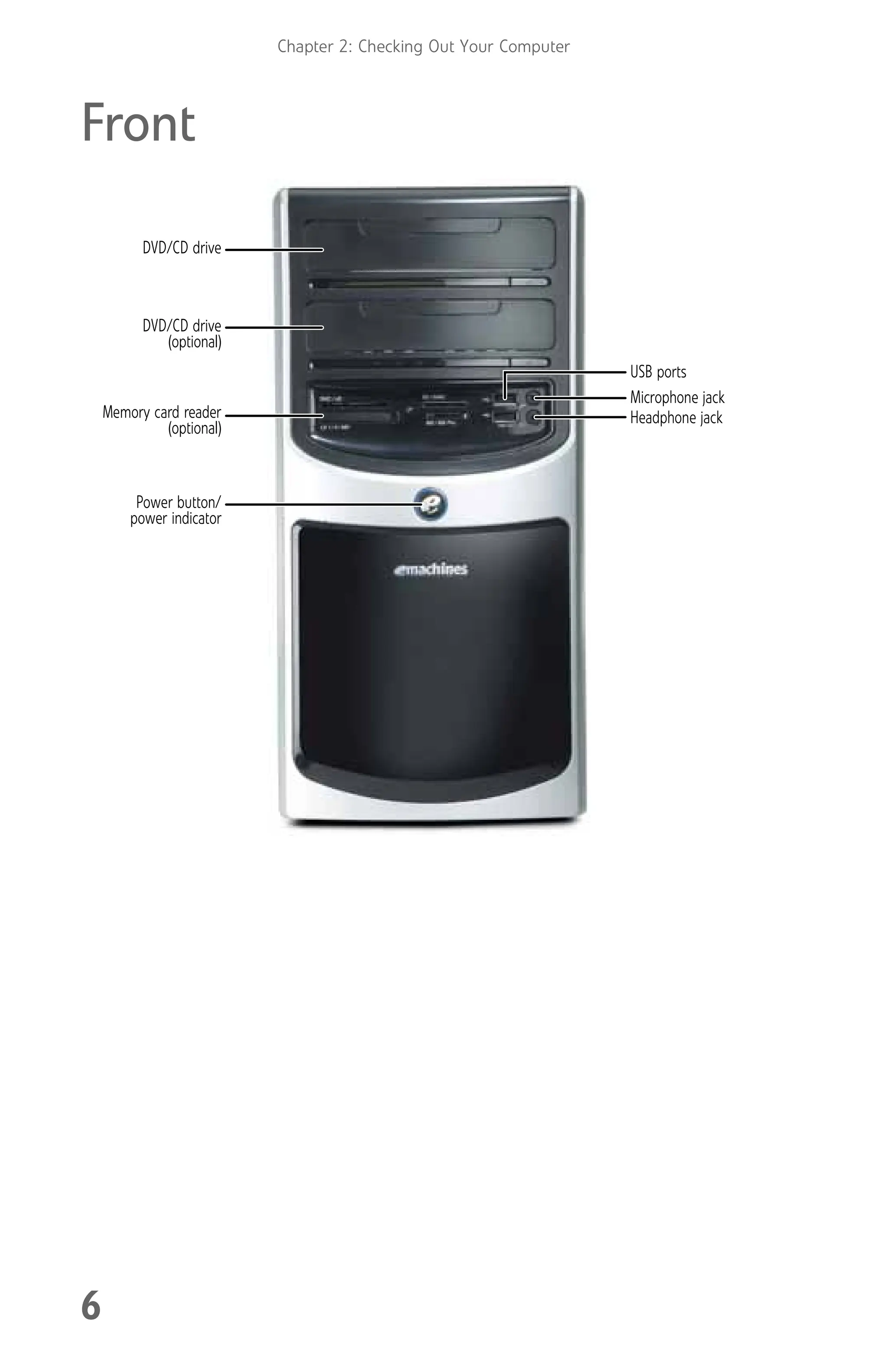 Chapter 2: Checking Out Your Computer
6
Front
Memory card reader
(optional)
DVD/CD drive
Power button/
power indicator
USB ports
DVD/CD drive
(optional)
Microphone jack
Headphone jack
8512008.book Page 6 Friday, December 8, 2006 5:36 PM
 