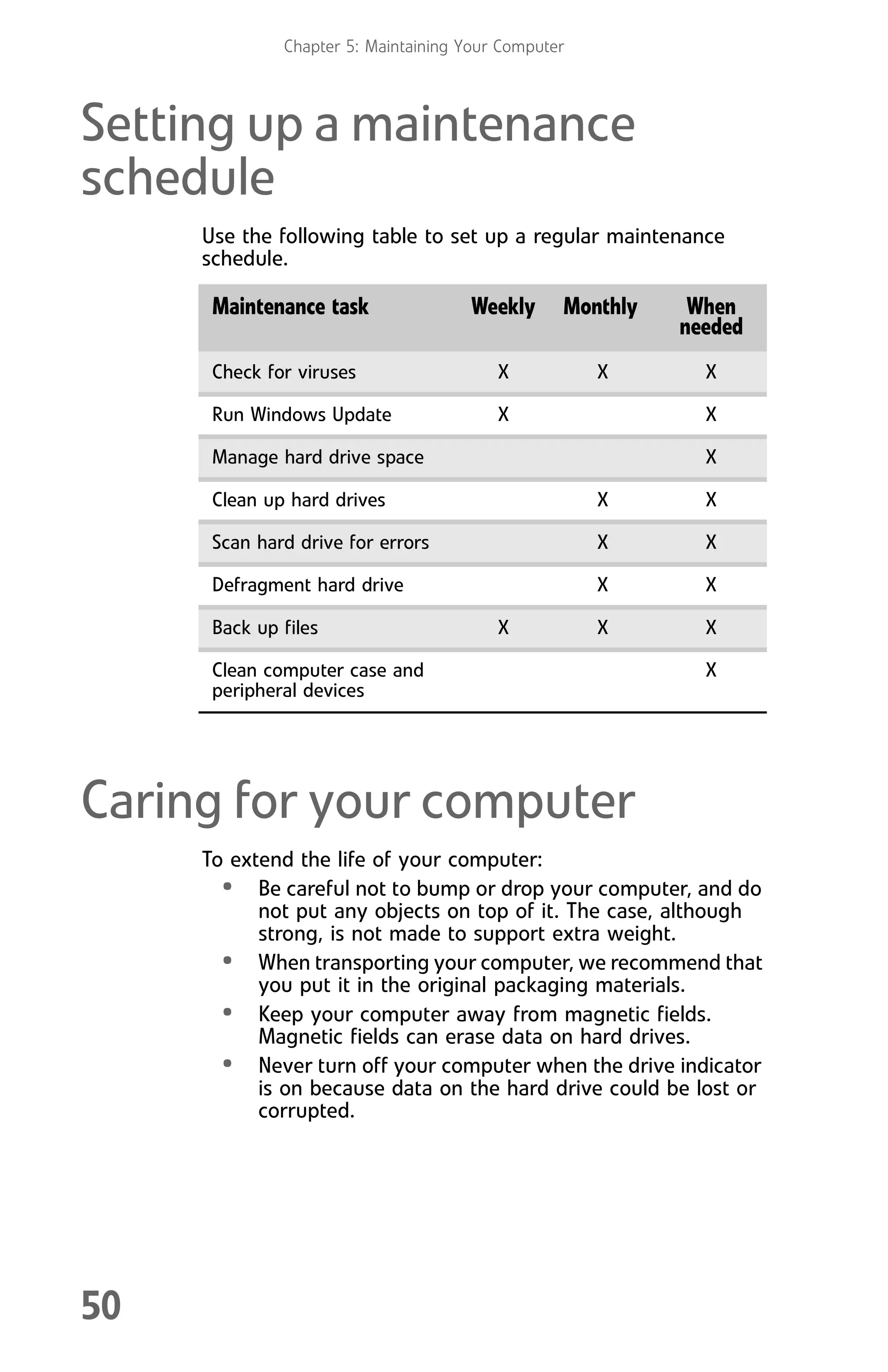 Chapter 5: Maintaining Your Computer
50
Setting up a maintenance
schedule
Use the following table to set up a regular maintenance
schedule.
Caring for your computer
To extend the life of your computer:
• Be careful not to bump or drop your computer, and do
not put any objects on top of it. The case, although
strong, is not made to support extra weight.
• When transporting your computer, we recommend that
you put it in the original packaging materials.
• Keep your computer away from magnetic fields.
Magnetic fields can erase data on hard drives.
• Never turn off your computer when the drive indicator
is on because data on the hard drive could be lost or
corrupted.
Maintenance task Weekly Monthly When
needed
Check for viruses X X X
Run Windows Update X X
Manage hard drive space X
Clean up hard drives X X
Scan hard drive for errors X X
Defragment hard drive X X
Back up files X X X
Clean computer case and
peripheral devices
X
8512008.book Page 50 Friday, December 8, 2006 5:36 PM
 