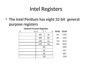 Intel Registers
• The Intel Pentium has eight 32 bit general
‐
purpose registers
 