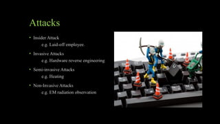 Attacks
• Insider Attack
e.g. Laid-off employee.
• Invasive Attacks
e.g. Hardware reverse engineering
• Semi-invasive Attacks
e.g. Heating
• Non-Invasive Attacks
e.g. EM radiation observation
 