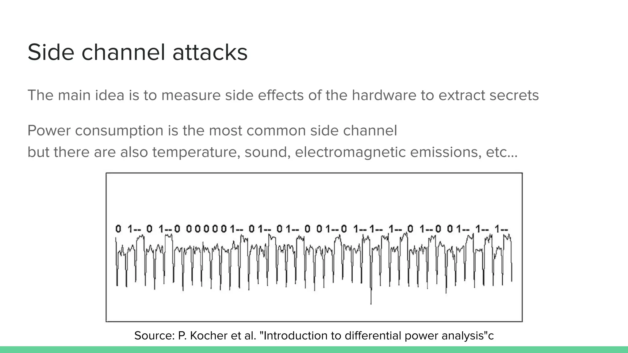 Side channel attacks
The main idea is to measure side eﬀects of the hardware to extract secrets
Power consumption is the most common side channel
but there are also temperature, sound, electromagnetic emissions, etc...
Source: P. Kocher et al. "Introduction to diﬀerential power analysis"c
 
