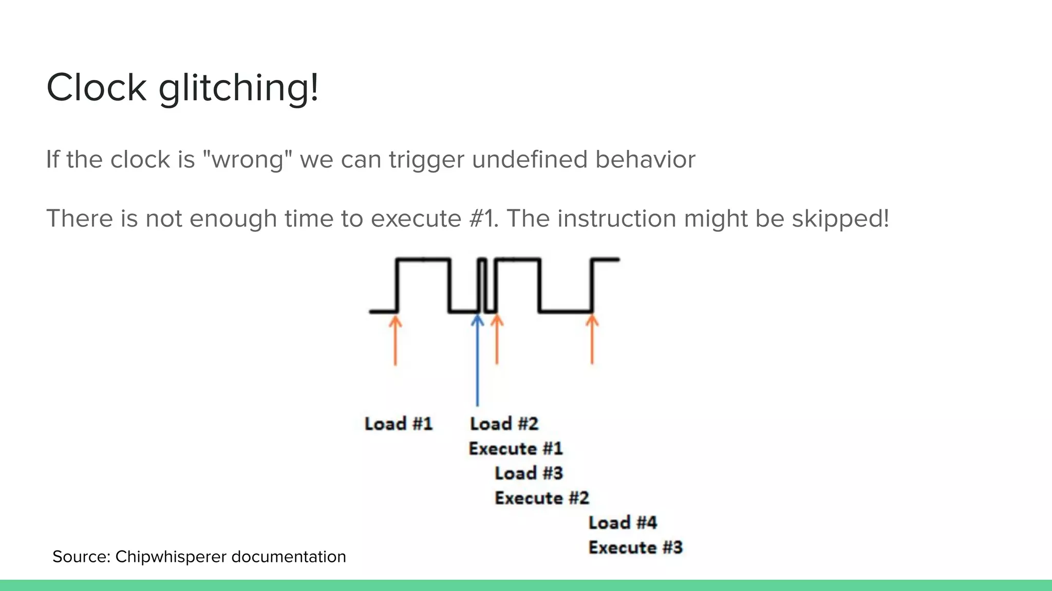 Clock glitching!
If the clock is "wrong" we can trigger undeﬁned behavior
There is not enough time to execute #1. The instruction might be skipped!
Source: Chipwhisperer documentation
 