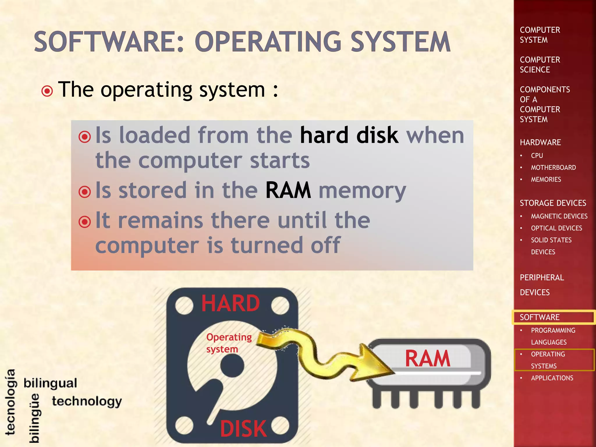 COMPUTER
SYSTEM
COMPUTER
SCIENCE
COMPONENTS
OF A
COMPUTER
SYSTEM
HARDWARE
• CPU
• MOTHERBOARD
• MEMORIES
STORAGE DEVICES
• MAGNETIC DEVICES
• OPTICAL DEVICES
• SOLID STATES
DEVICES
PERIPHERAL
DEVICES
SOFTWARE
• PROGRAMMING
LANGUAGES
• OPERATING
SYSTEMS
• APPLICATIONS
 The operating system :
 Is loaded from the hard disk when
the computer starts
 Is stored in the RAM memory
 It remains there until the
computer is turned off
RAM
HARD
DISK
Operating
system
 