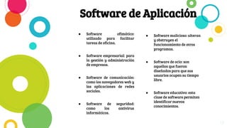 Software de Aplicación
● Software ofimático:
utilizado para facilitar
tareas de oficina.
● Software empresarial: para
la gestión y administración
de empresas.
● Software de comunicación:
como los navegadores web y
las aplicaciones de redes
sociales.
● Software de seguridad:
como los antivirus
informáticos.
13
● Software malicioso: alteran
y obstruyen el
funcionamiento de otros
programas.
● Software de ocio: son
aquellos que fueron
diseñados para que sus
usuarios ocupen su tiempo
libre.
● Software educativo: esta
clase de software permiten
identificar nuevos
conocimientos.
 