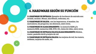 6. HARDWARE SEGÚN SU FUNCIÓN
5.1 HARDWARE DE ENTRADA: Ejemplos de hardware de entrada son:
teclado, escáner, Mouse, micrófonos, webcams, etc.
5.2 HARDWARE DE SALIDA: son las impresoras, el monitor, los
auriculares, los proyectos, los altavoces, entre otros.
5.3 HARDWARE DE ALMACENAMIENTO: la memoria RAM y la
memoria ROM, memorias USB, DVD, CD, cintas de video, entre otros.
5.4 HARDWARE DE ENTRADA/SALIDA/ALMACENAMIENTO: Módem,
router, pantalla táctil y tarjeta de red.
5.5 HARDWARE DE ENTRADA/SALIDA: las tarjetas de red, los routers,
módems, tarjetas de audio, etc.
8
 