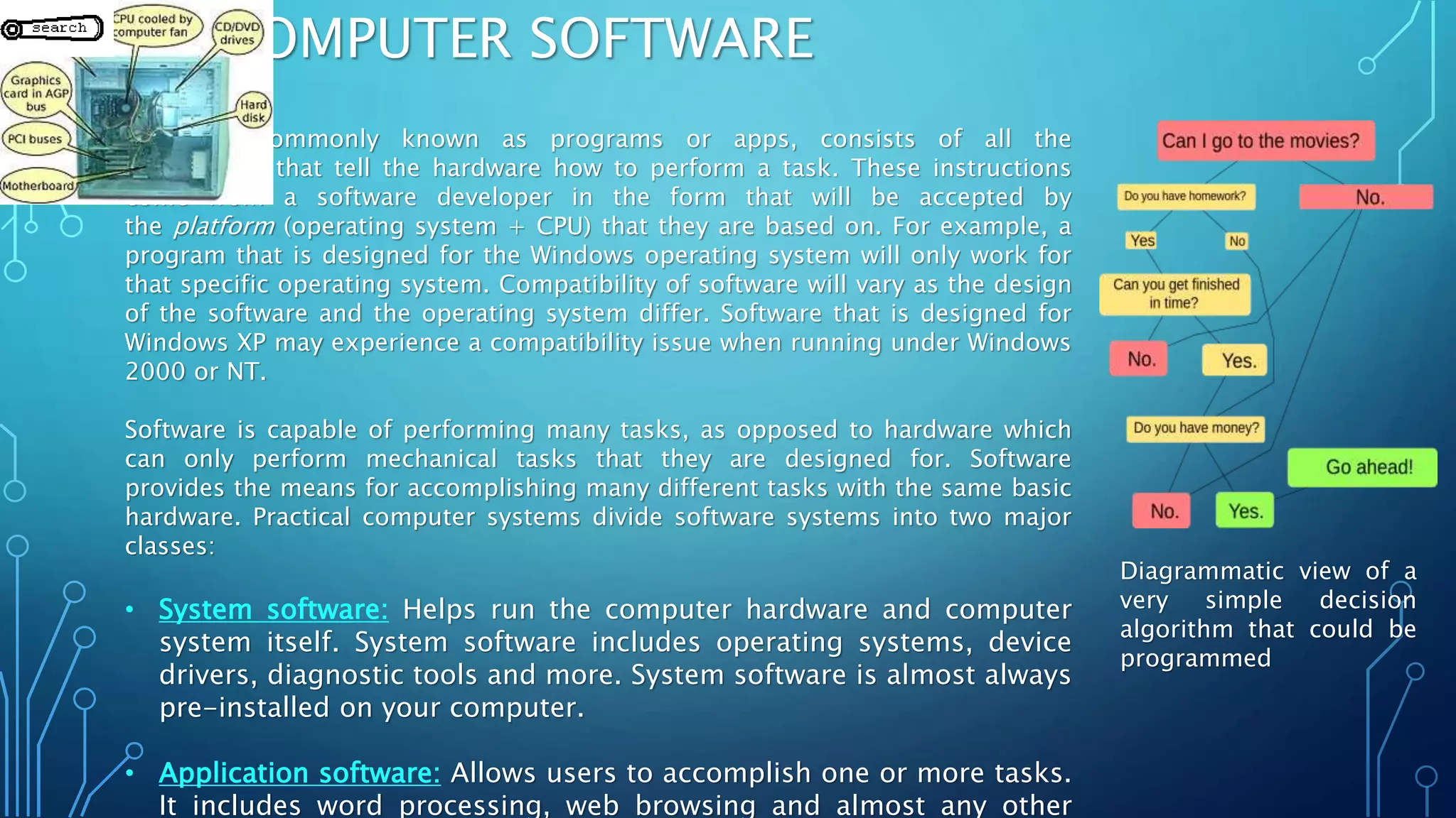  COMPUTER SOFTWARE
:
Diagrammatic view of a
very simple decision
algorithm that could be
programmed
Software, commonly known as programs or apps, consists of all the
instructions that tell the hardware how to perform a task. These instructions
come from a software developer in the form that will be accepted by
the platform (operating system + CPU) that they are based on. For example, a
program that is designed for the Windows operating system will only work for
that specific operating system. Compatibility of software will vary as the design
of the software and the operating system differ. Software that is designed for
Windows XP may experience a compatibility issue when running under Windows
2000 or NT.
Software is capable of performing many tasks, as opposed to hardware which
can only perform mechanical tasks that they are designed for. Software
provides the means for accomplishing many different tasks with the same basic
hardware. Practical computer systems divide software systems into two major
classes:
• System software: Helps run the computer hardware and computer
system itself. System software includes operating systems, device
drivers, diagnostic tools and more. System software is almost always
pre-installed on your computer.
• Application software: Allows users to accomplish one or more tasks.
It includes word processing, web browsing and almost any other
 