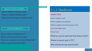 Graphic Card
what is Graphic card?
What is a graphics card used for?
What is a graphics card and how does it work?
why to use Graphic card?
Sound Card
What is a sound card and how does it work?
Where is sound card in PC?
Why should we use sound card?
7
1.1.1 Hardware
Network Interface Card(NIC)
What is Network Interface Card?
Where is network interface card?
What are the two types of network card?
Internal Harddisk Drive
What is Internal Harddisk Drive?
Where is internal hard drive used?
What is an example of an internal hard drive?
Which is best internal hard disk?
 
