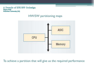 HW/SW partitioning maps




To achieve a partition that will give us the required performance
 