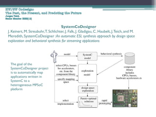 SystemCoDesigner
J. Keinert, M. Streubuhr, T. Schlichter, J. Falk, J. Gladigau, C. Haubelt, J. Teich, and M.
Meredith, SystemCoDesigner :An automatic ESL synthesis approach by design space
exploration and behavioral synthesis for streaming applications




 The goal of the
 SystemCoDesigner project
 is to automatically map
 applications written in
 SystemC to a
 heterogeneous MPSoC
 platform
 
