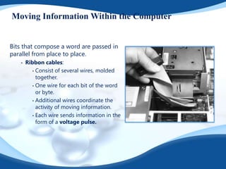 Moving Information Within the Computer


Bits that compose a word are passed in
parallel from place to place.
   •   Ribbon cables:
          • Consist of several wires, molded
            together.
          • One wire for each bit of the word
            or byte.
          • Additional wires coordinate the
            activity of moving information.
          • Each wire sends information in the
            form of a voltage pulse.
 
